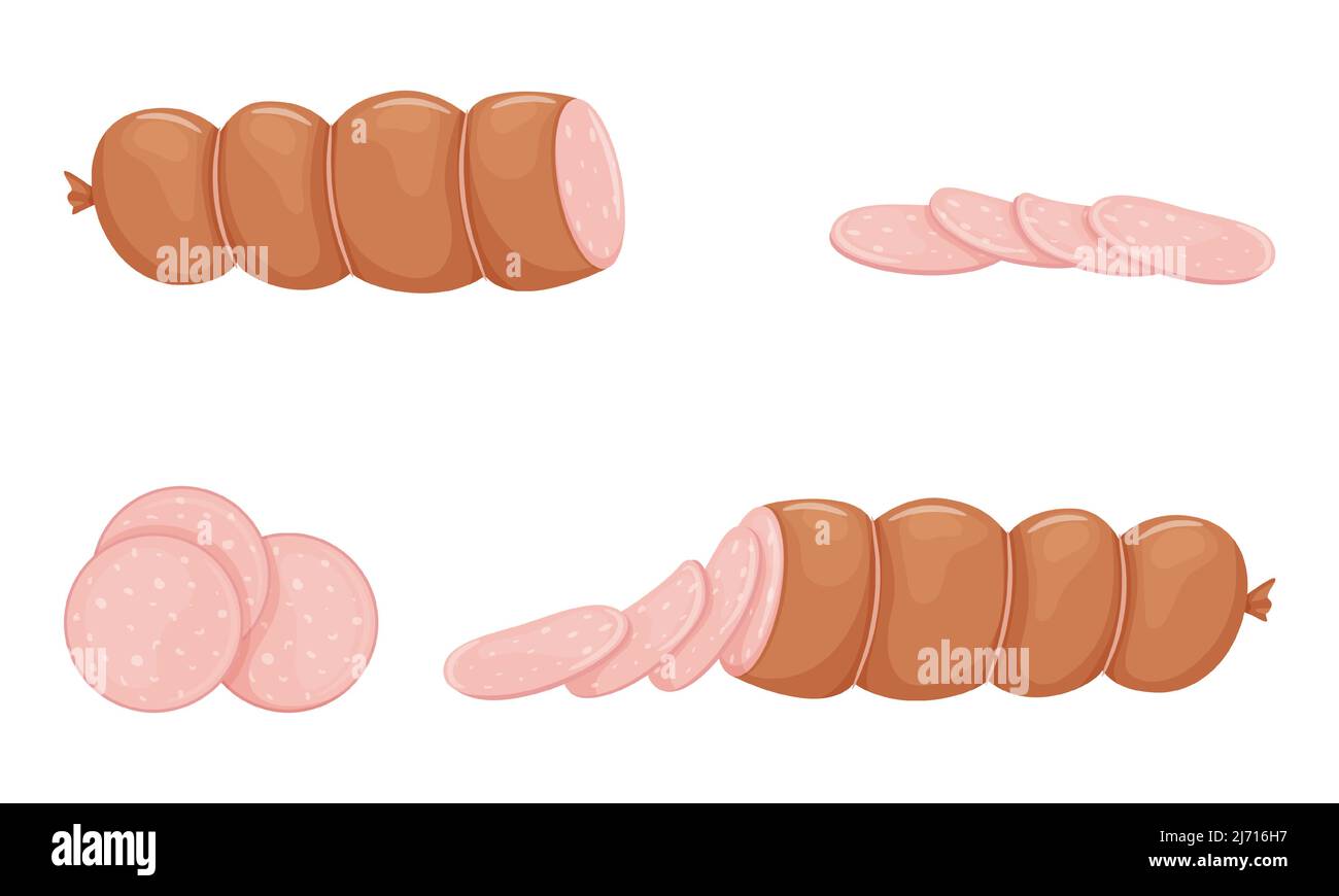 Set of pink boiled sausage products, whole sausage, half, sliced. Food