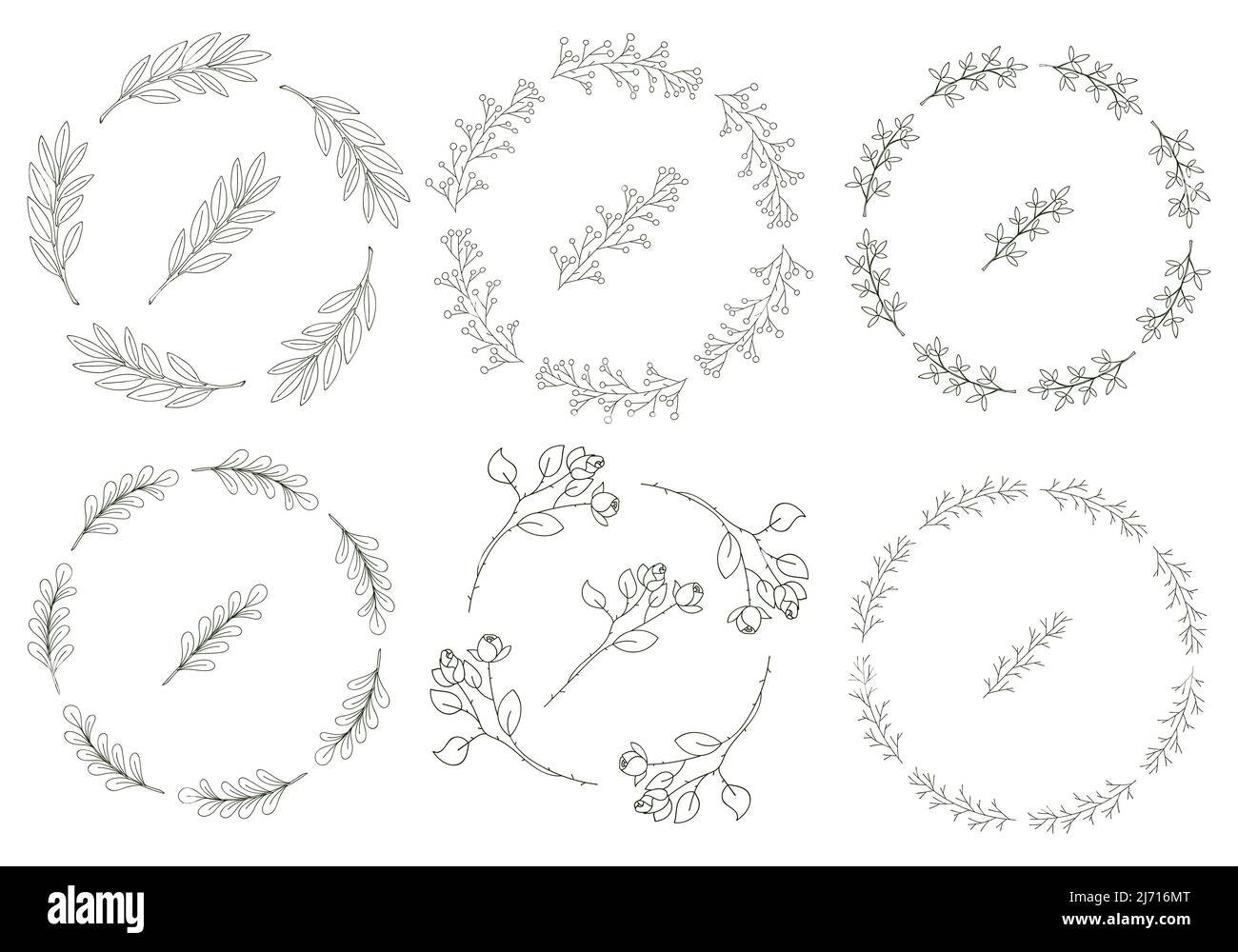 Set of 8 round wreaths of hand-drawn twigs with leaves in doodle style ...