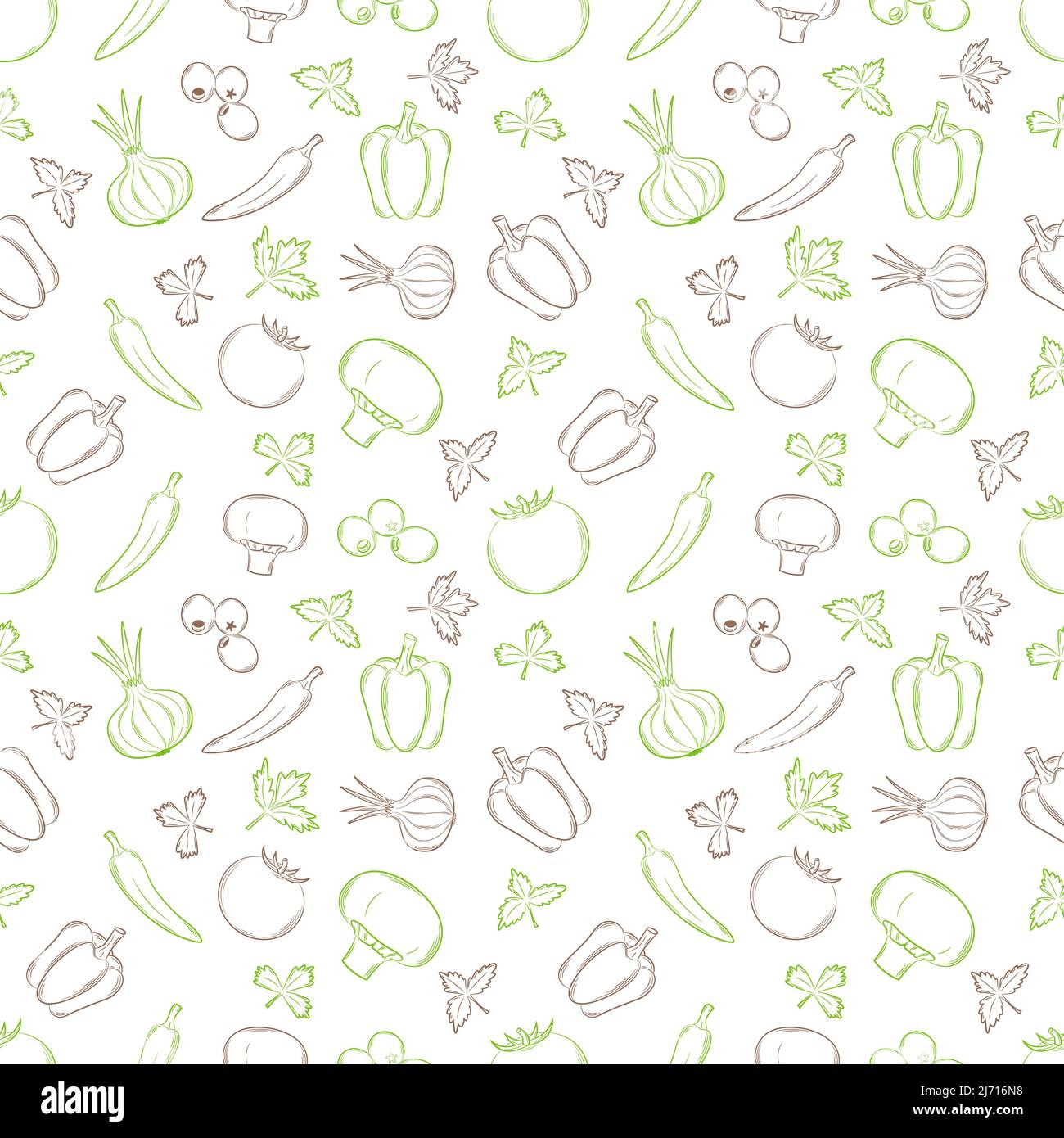 Seamless pattern with vegetables in a linear, hand-drawn style. Summer vegetables. Outline elements. Vector illustration in a flat style. Two-color pa Stock Vector