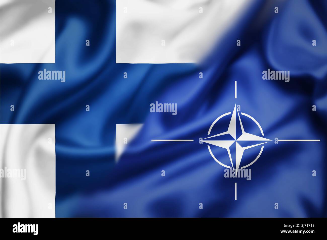 Grunge flags of Russian Federation and NATO divided by barb wire illustration, concept of tense relations between west and Russia Stock Photo