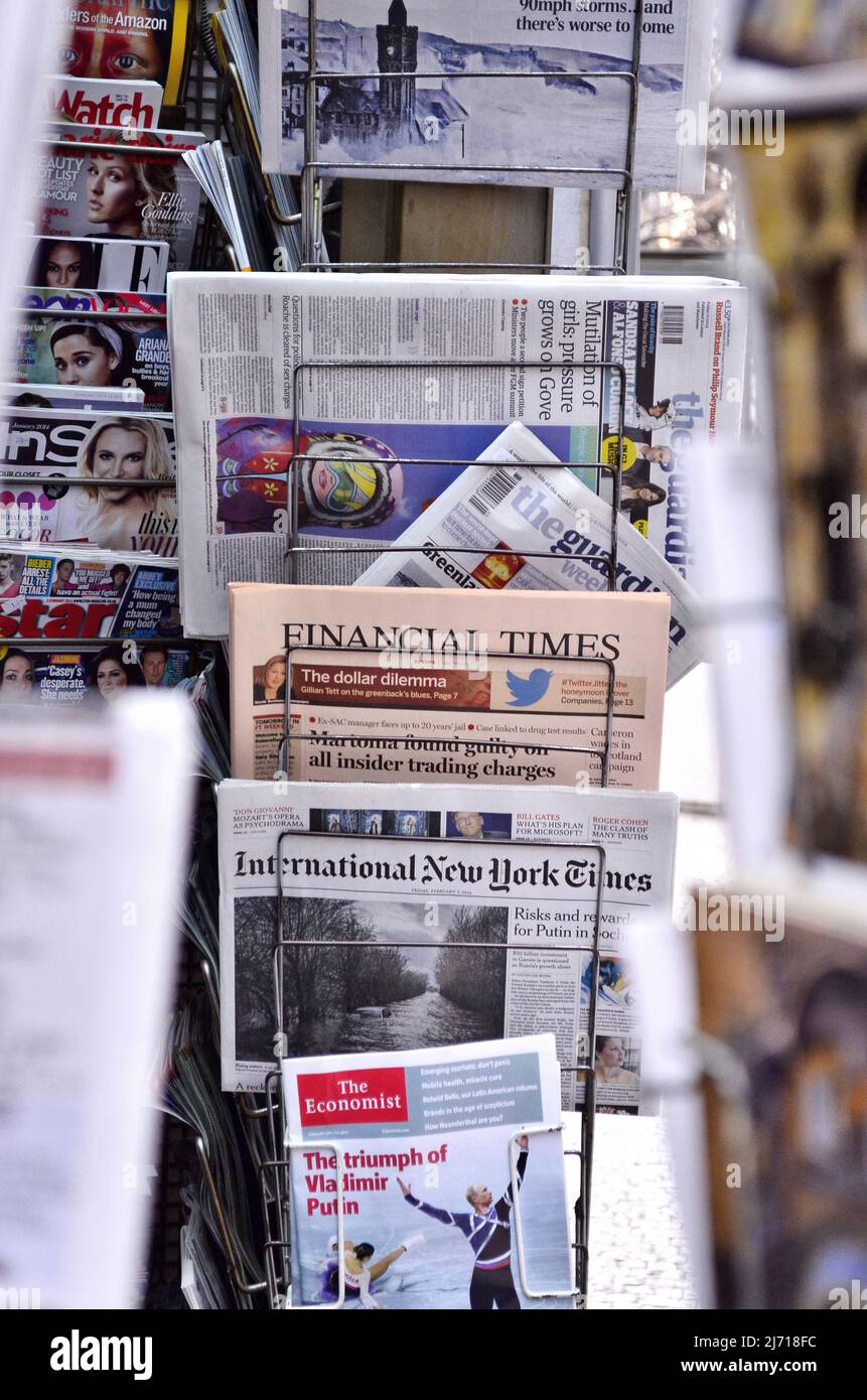 International newspaper stand in Prague Czech Republic. Stock Photo