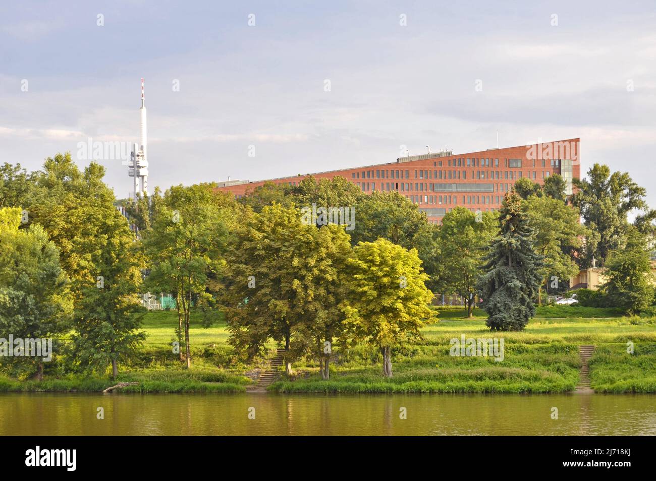 Danube House modern office building exterior and riverside park in Karlin district of Prague