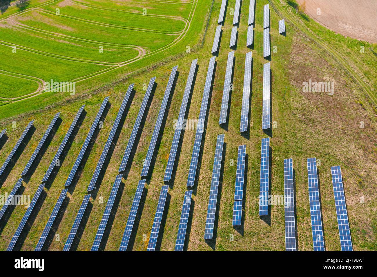 Solar panels on a hillside overgrown with green, illuminated by sunlight. View from the drone. Stock Photo