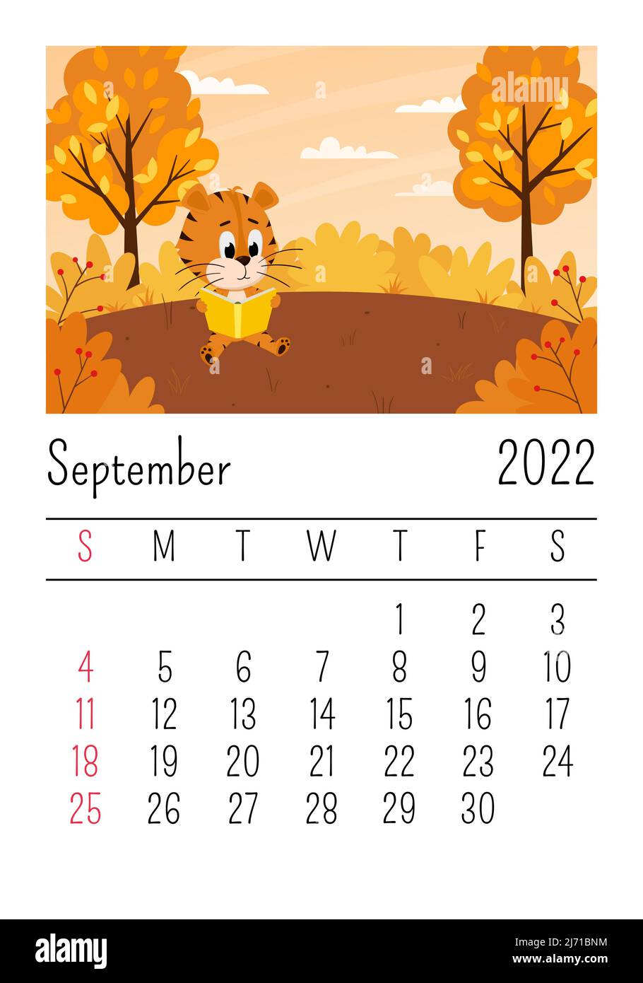 Design template.Calendar for 2022, September. A cute cartoon tiger is sitting under a tree reading a book. Autumn landscape. The symbol of the year. A Stock Vector