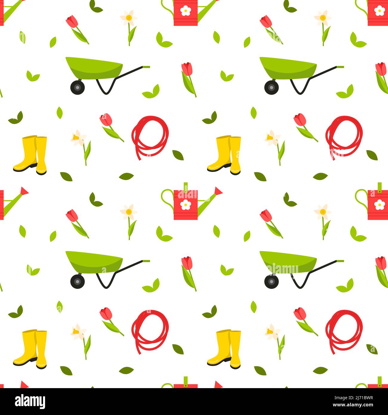 Seamless pattern with gardening tools, boots, watering can, wheelbarrow ...