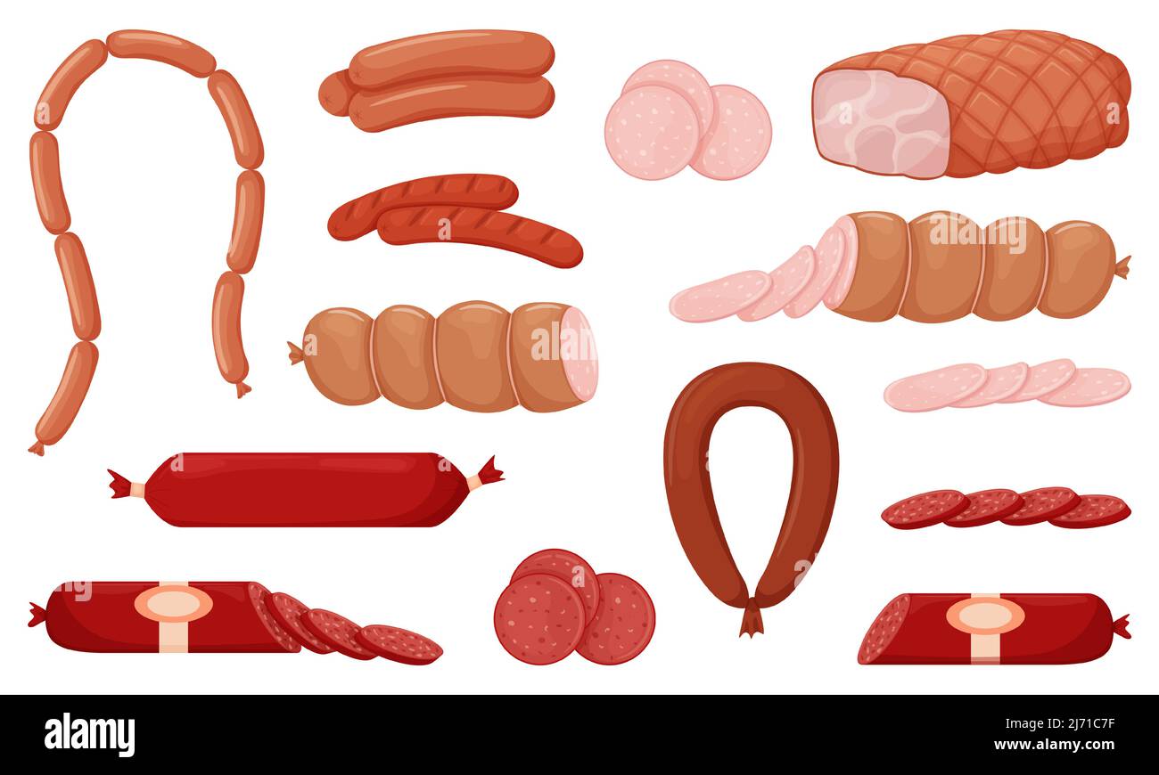 Set of boiled and smoked sausage products, frankfurter, grilled sausages, whole sausage, half, sliced, boiled pork, string of sausages. Food, meat dis Stock Vector