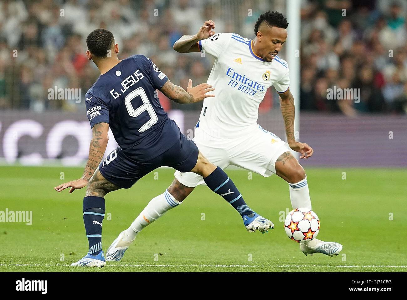 Real Madrid's Eder Militao heads the ball during the Champions League  semifinal second leg soccer match between Manchester City and Real Madrid  at Etihad stadium in Manchester, England, Wednesday, May 17, 2023. (