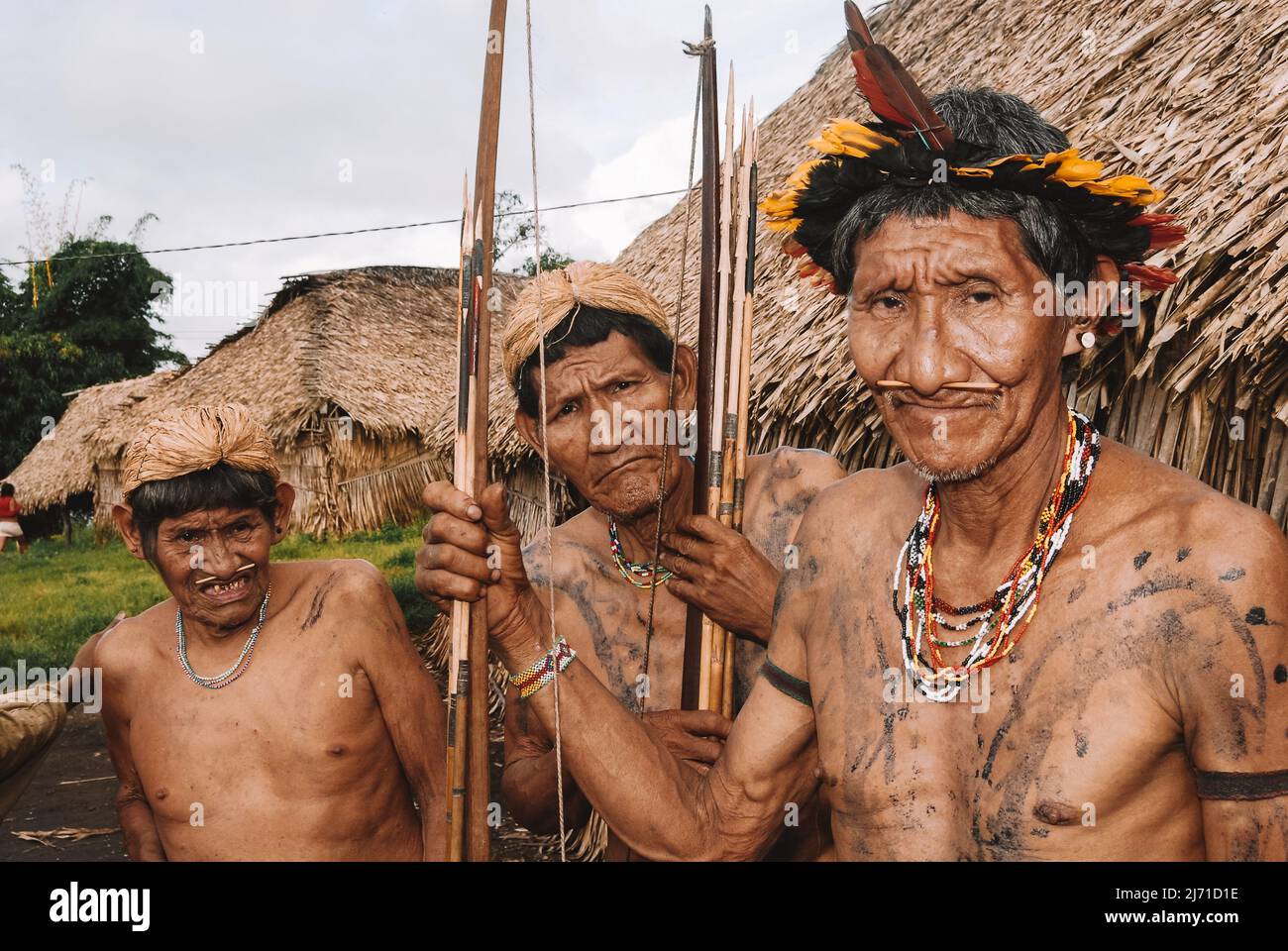 Indian men from the Arara of Laranjal tribe near Xingu River, Amazon, Brazil. 2007. Stock Photo