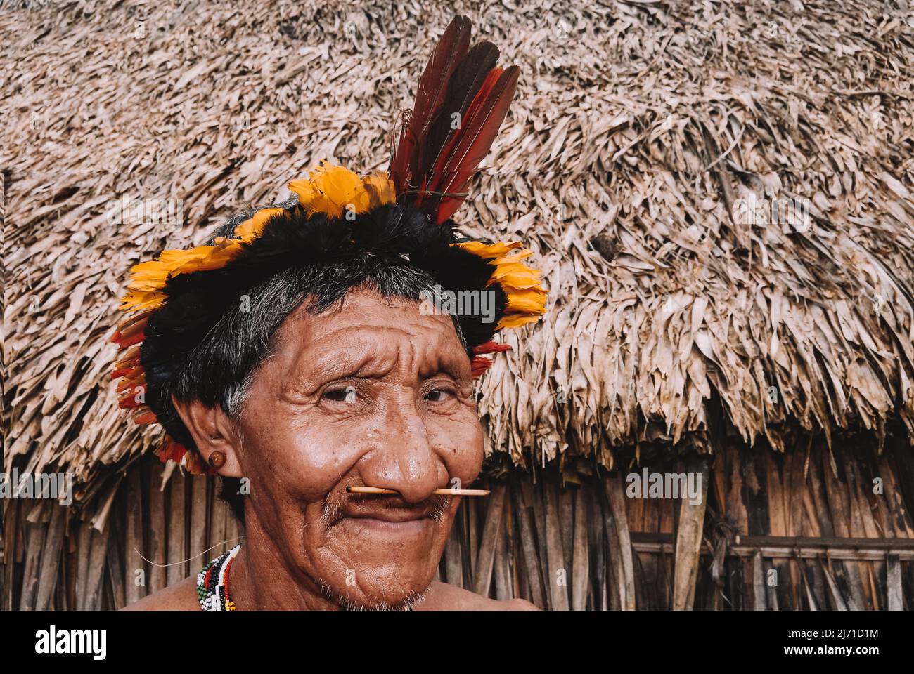 Indigenous man wearing a headdress know as cocar, leader of Arara do Laranjal tribe, near Xingu River in the Brazilian Amazon. 2007. Stock Photo