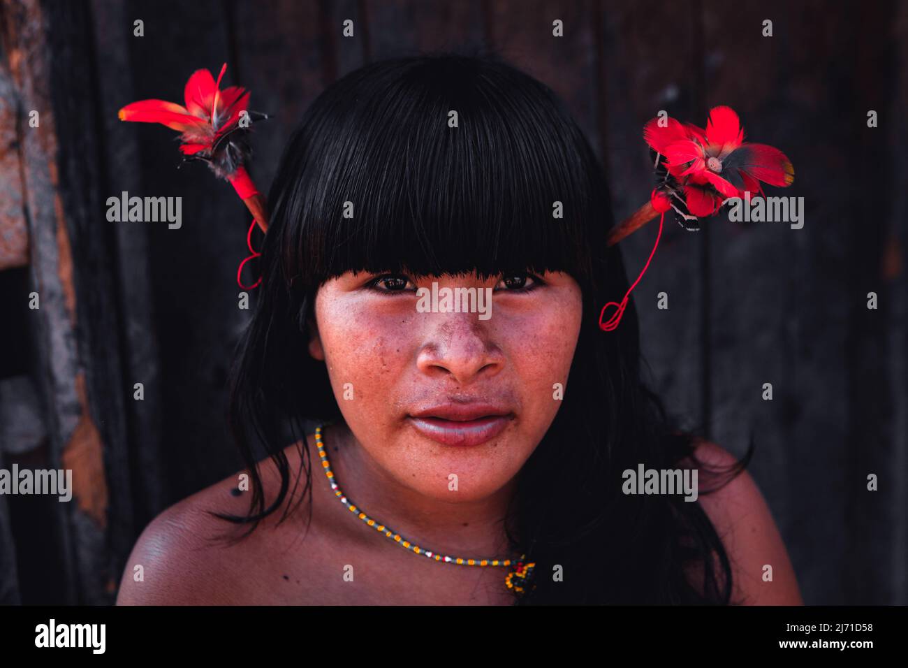 Beautiful indian woman, with expressive eyes, from an Amazon tribe in Brazil. Baixo Amazonas, PArá, Amazon, Brazil. 2010. Stock Photo