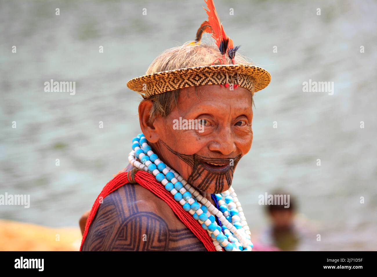 Leader of the Asurini Indigenous tribe in the Brazilian Amazon. Xingu  River, Brazil, 2010. Stock Photo