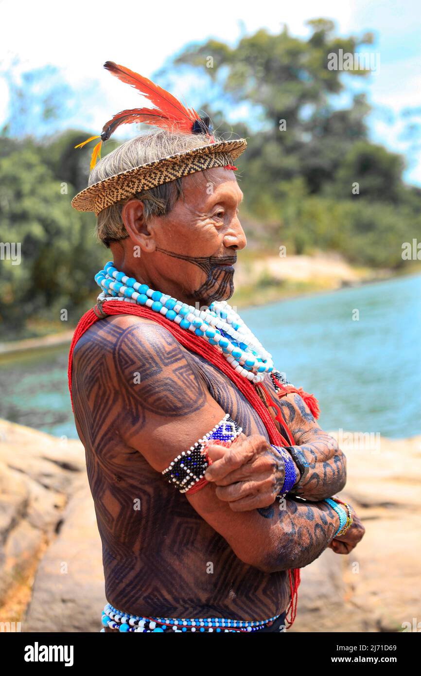 Leader of the Asurini Indigenous tribe in the Brazilian Amazon. Xingu  River, Brazil, 2010. Stock Photo