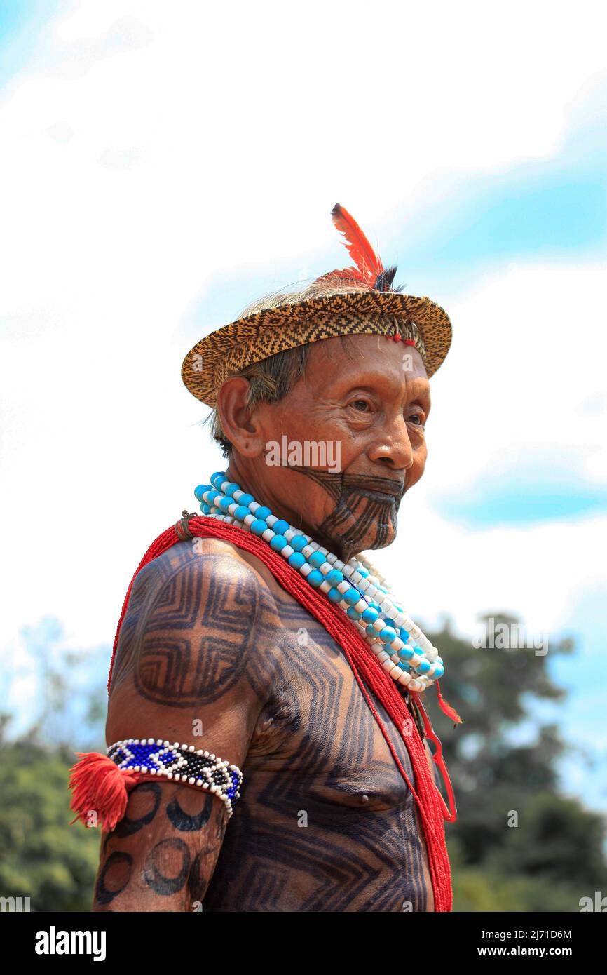 Leader of the Asurini Indigenous tribe in the Brazilian Amazon. Xingu  River, Brazil, 2010. Stock Photo