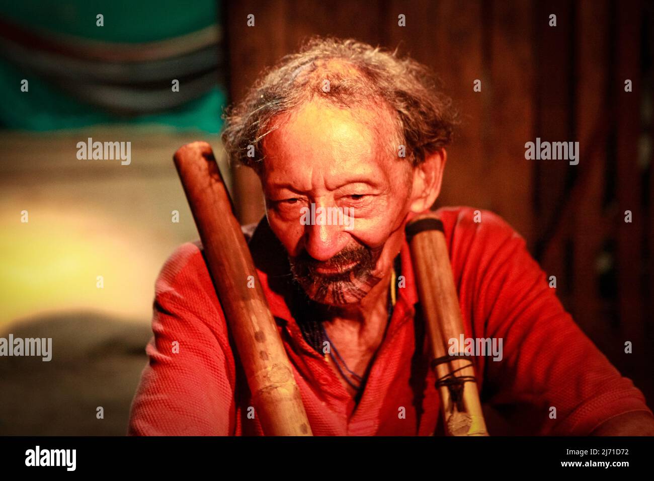 Elderly indigenous man from a Brazilian Amazon tribe of Baixo Amazonas, Pará State, Amazon, Brazil. 2010. Stock Photo