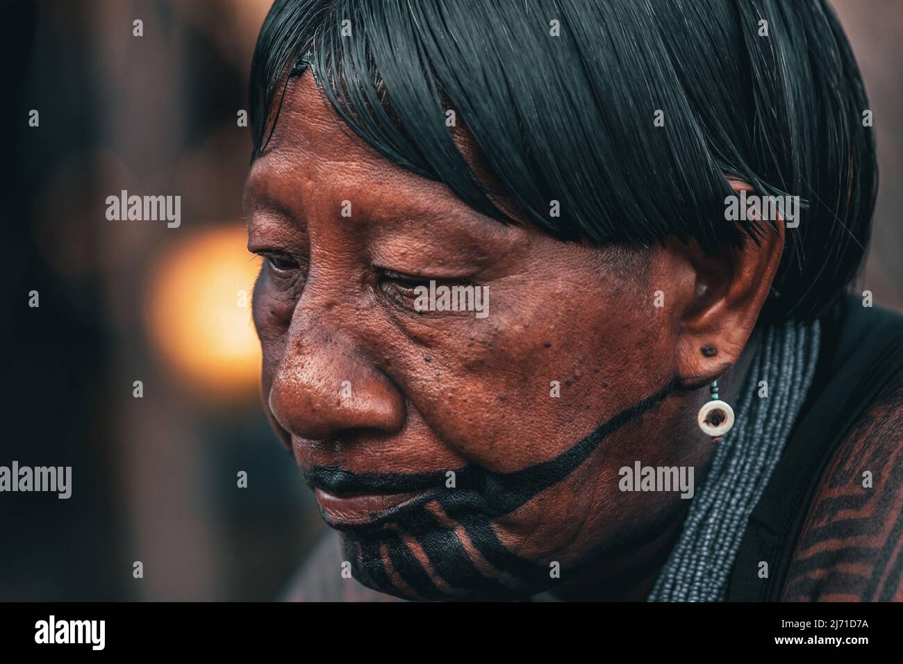 Indigenous woman wearing tribal face paint. Brazilian Amazon, 2010. Stock Photo