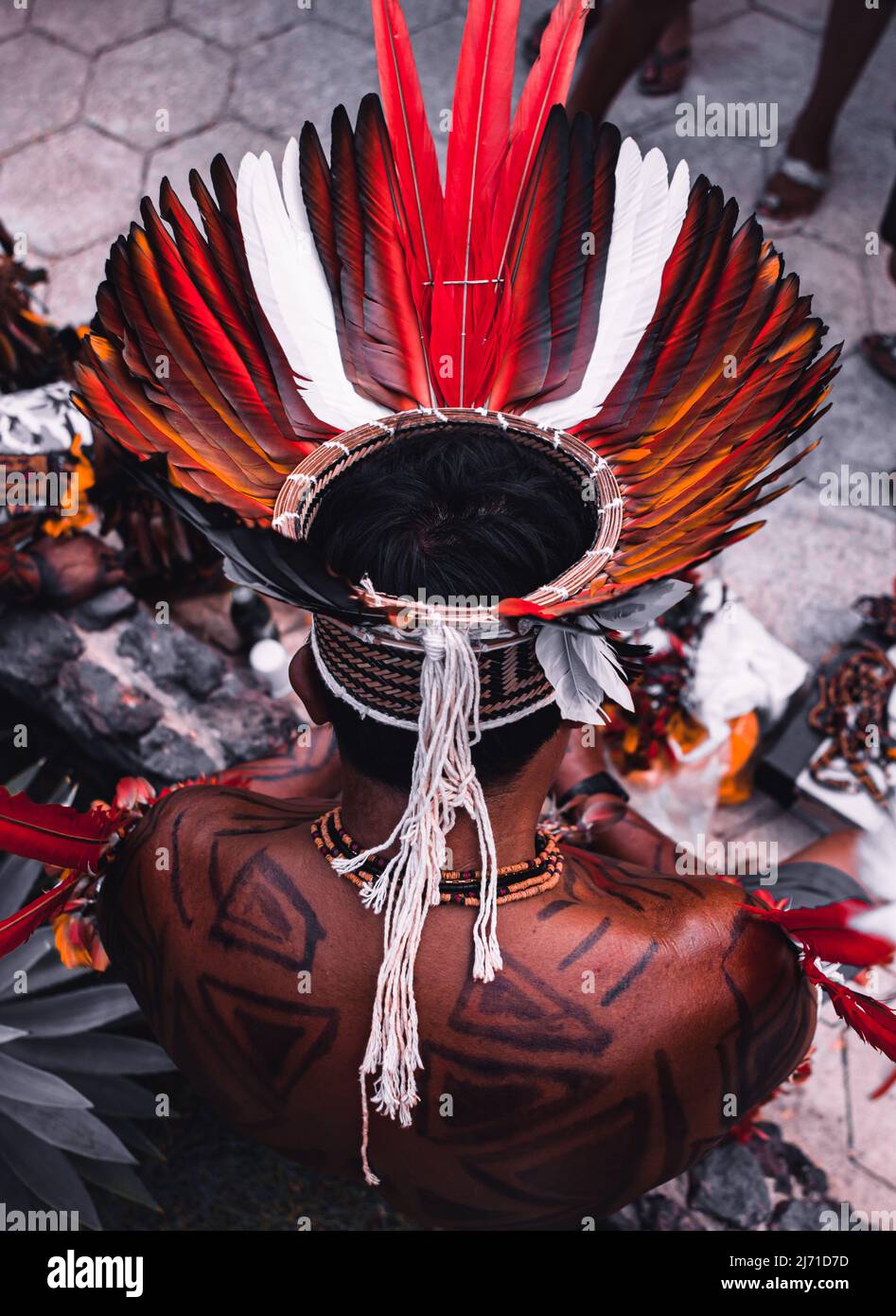 Indigenous man from a Brazilian Amazon tribe wearing colourful feather headdress known as cocar. Xingu River, Amazon, Brazil. 2009. Stock Photo