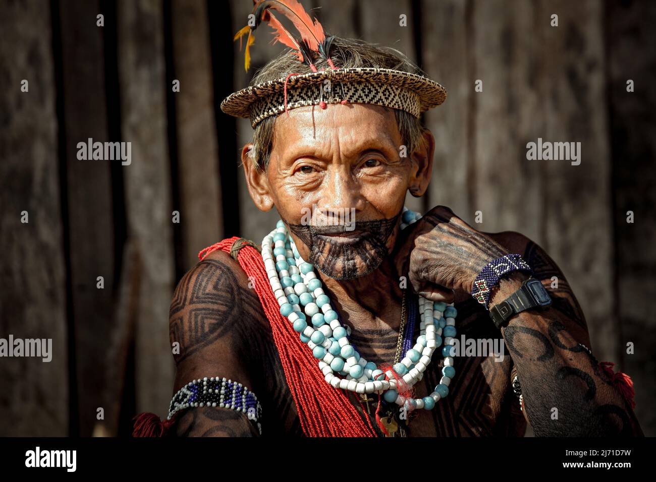 Head of the Asurini Indigenous tribe in the Brazilian Amazon. Xingu  River, Brazil, 2010. Stock Photo