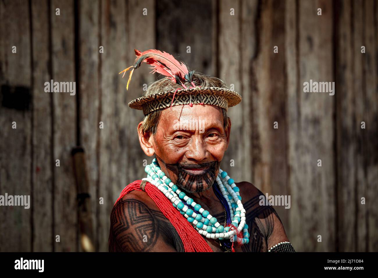 Head of the Asurini Indigenous tribe in the Brazilian Amazon. Xingu  River, Brazil, 2010. Stock Photo