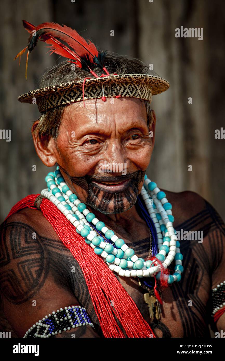 Head of the Asurini Indigenous tribe in the Brazilian Amazon. Xingu  River, Brazil, 2010. Stock Photo