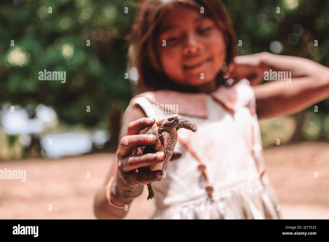 Indigenous child holding pet turtle. Xingu River, Amazon, Brazil, 2010. Stock Photo