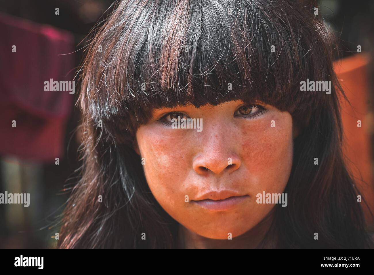 Indian woman from the Araweté tribe. Índia Amazônica Brasileira. Xingu River, Altamira, Brazilian Amazon 2007. Stock Photo