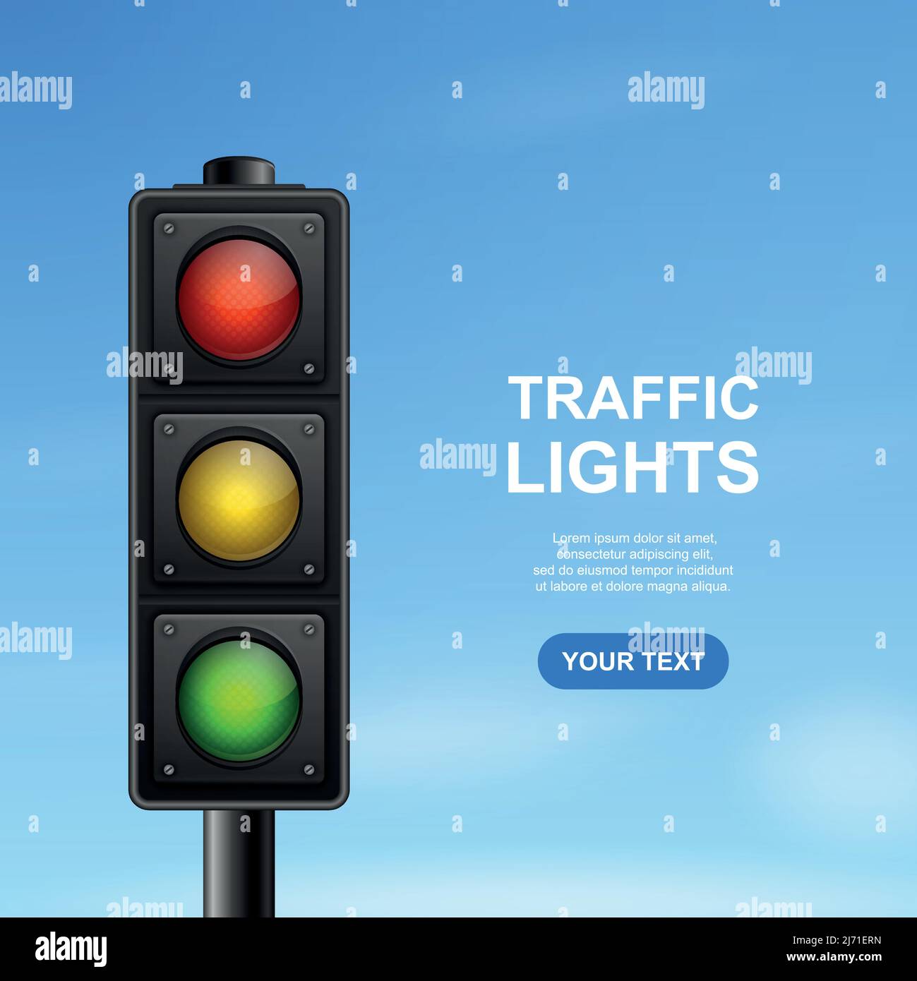 Vector Banner with 3d Realistic Detailed Road Traffic Lights on Blue