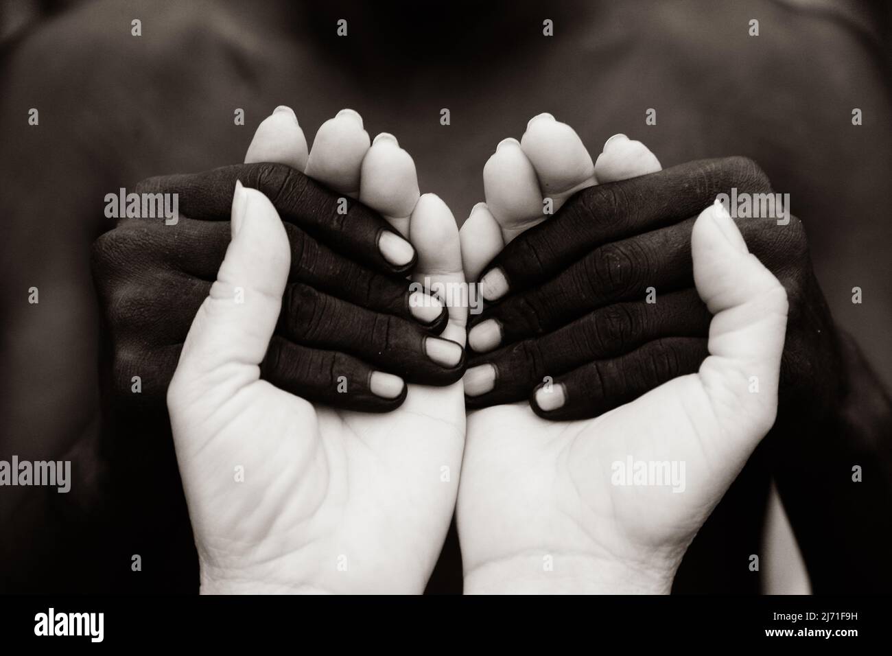 Black person holding hands of white person in sign of compassion and solidarity. Fighting racism together with love. Stock Photo