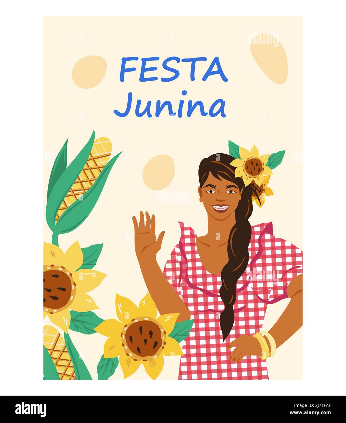 Festa Junina greeting card or poster template with woman in traditional ...