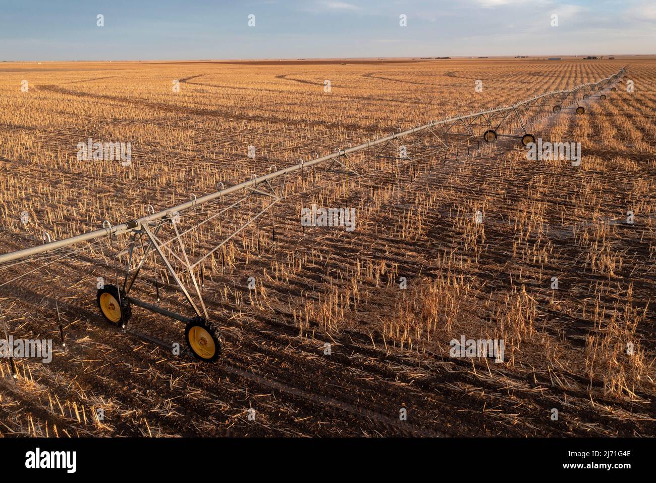 Turpin, Oklahoma - Center pivot irrigation equipment in early spring on a farm in the Oklahoma panhandle. Stock Photo