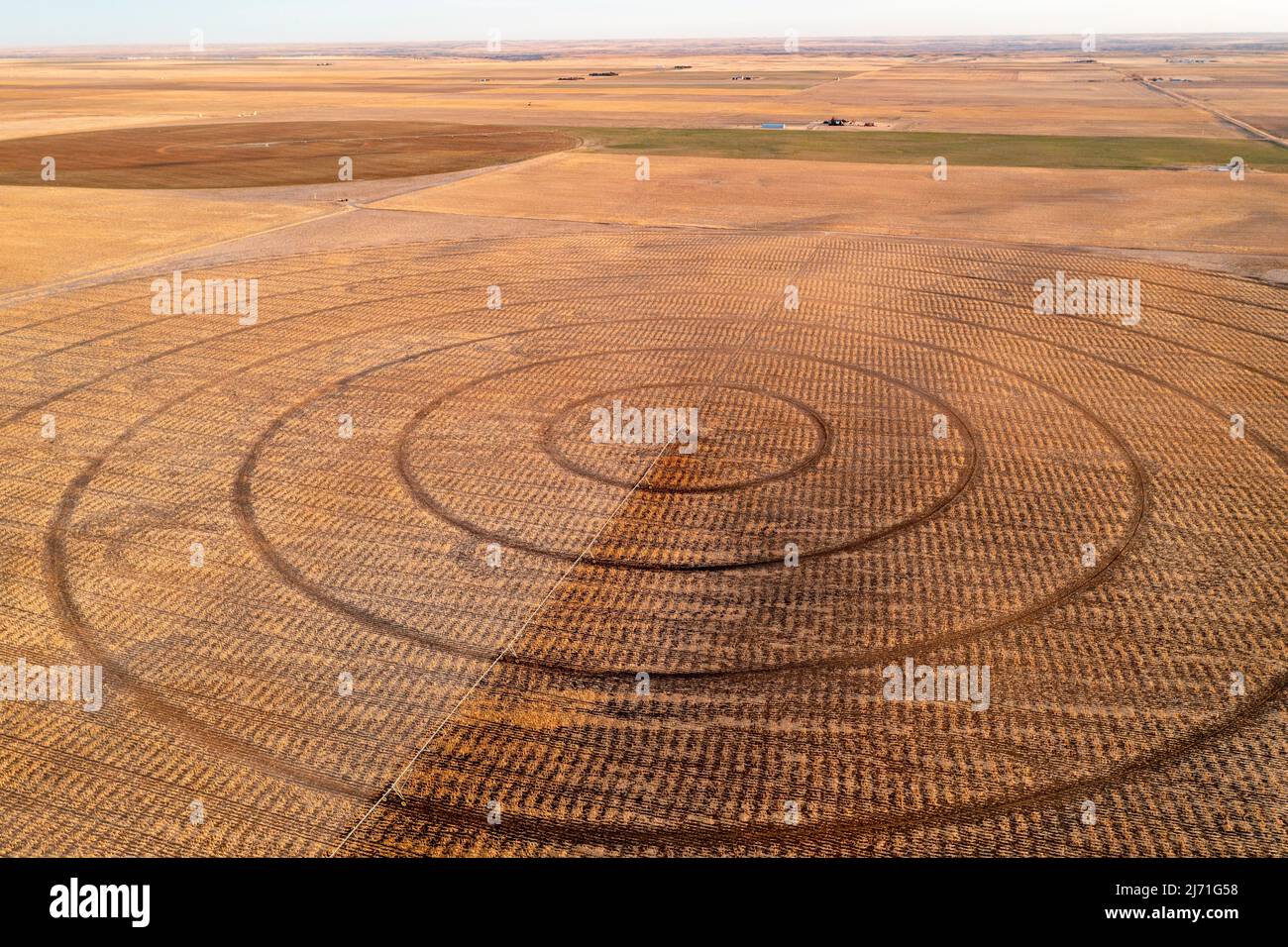 Turpin, Oklahoma - Center pivot irrigation equipment in early spring on a farm in the Oklahoma panhandle. Stock Photo