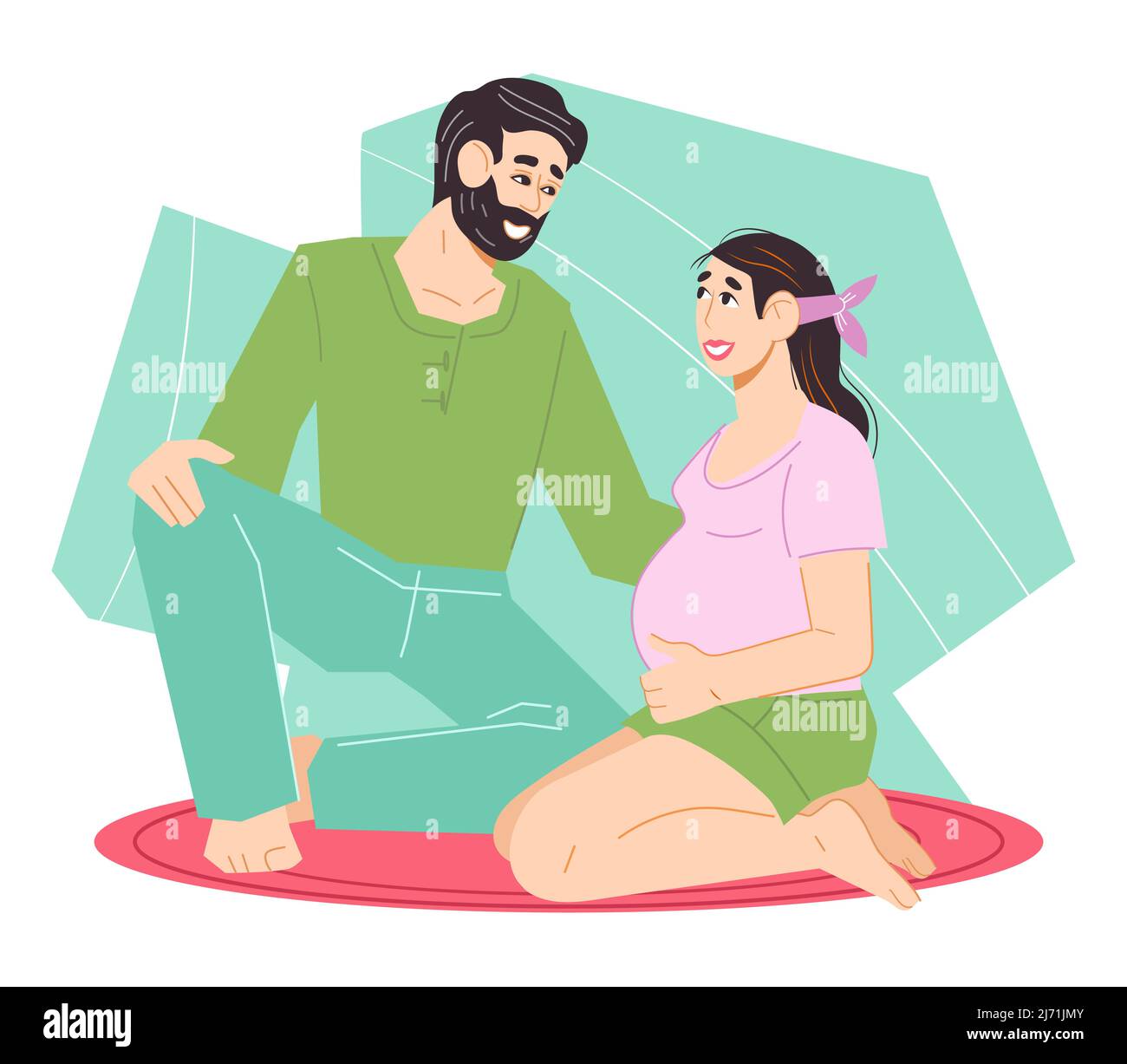 Pregnant woman and her partner preparing for childbirth. Man and woman expecting baby and preparing to be parents, flat vector illustration isolated o Stock Vector