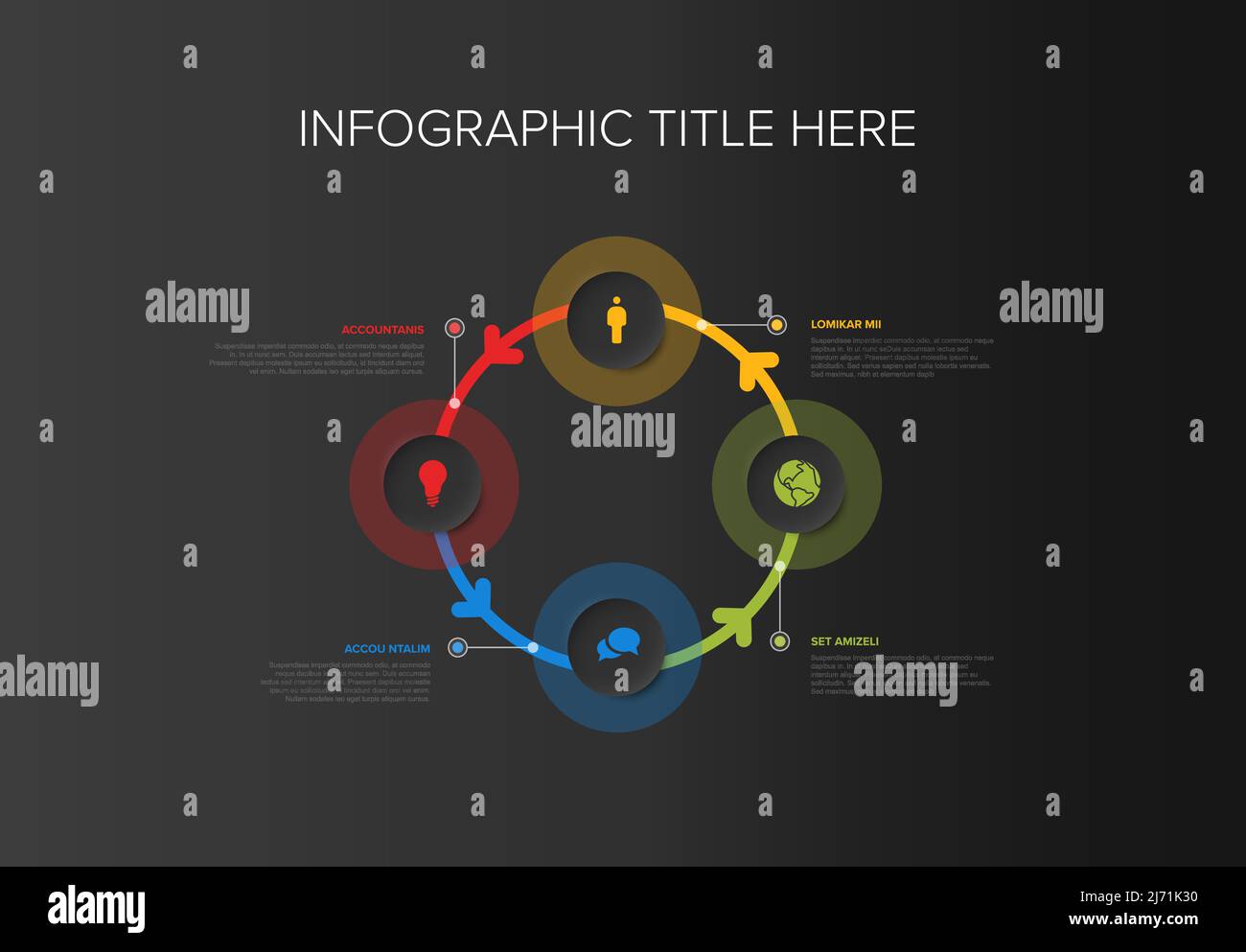 Vector multipurpose Infographic cycle template with four color circles elements options on a dark gray background. Stock Vector