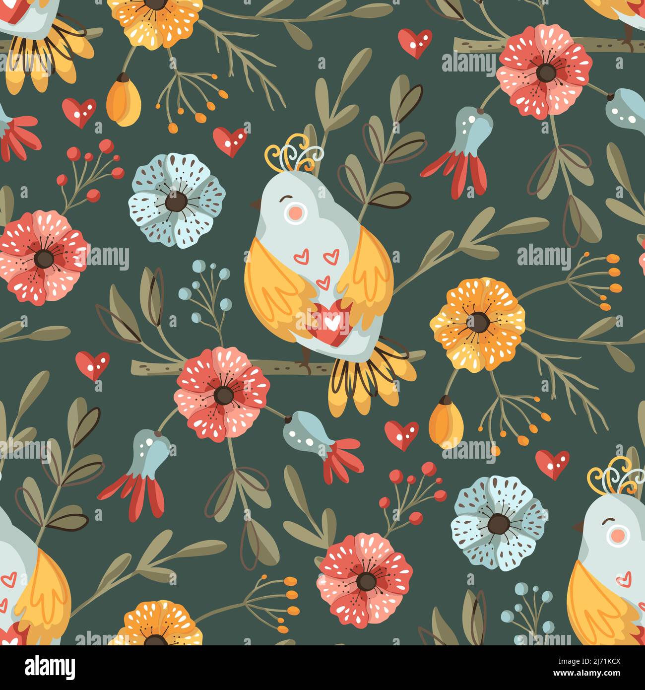 Cute bird animal seamless pattern. Exotic decoration Stock Vector