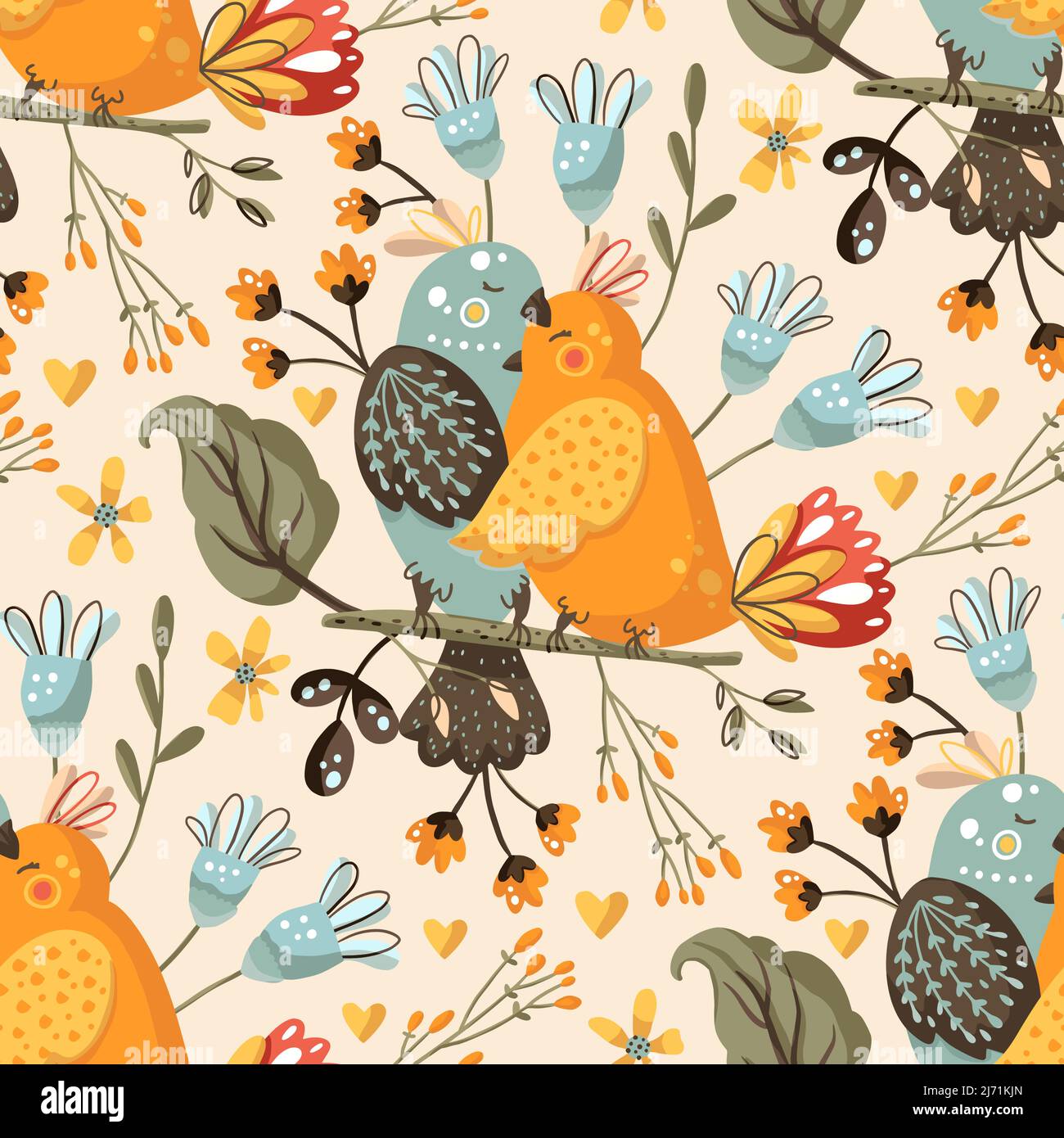 Cute bird animal seamless pattern. Exotic decoration Stock Vector