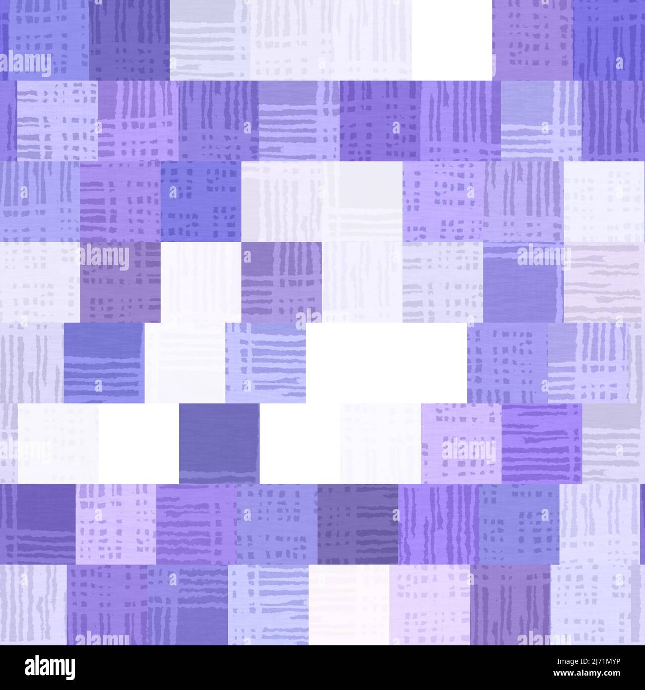 Random patchwork purple mosaic pixel grid seamless pattern. Modern geometric square shape tile trend texture. Color of the year 2022 gridded Stock Photo