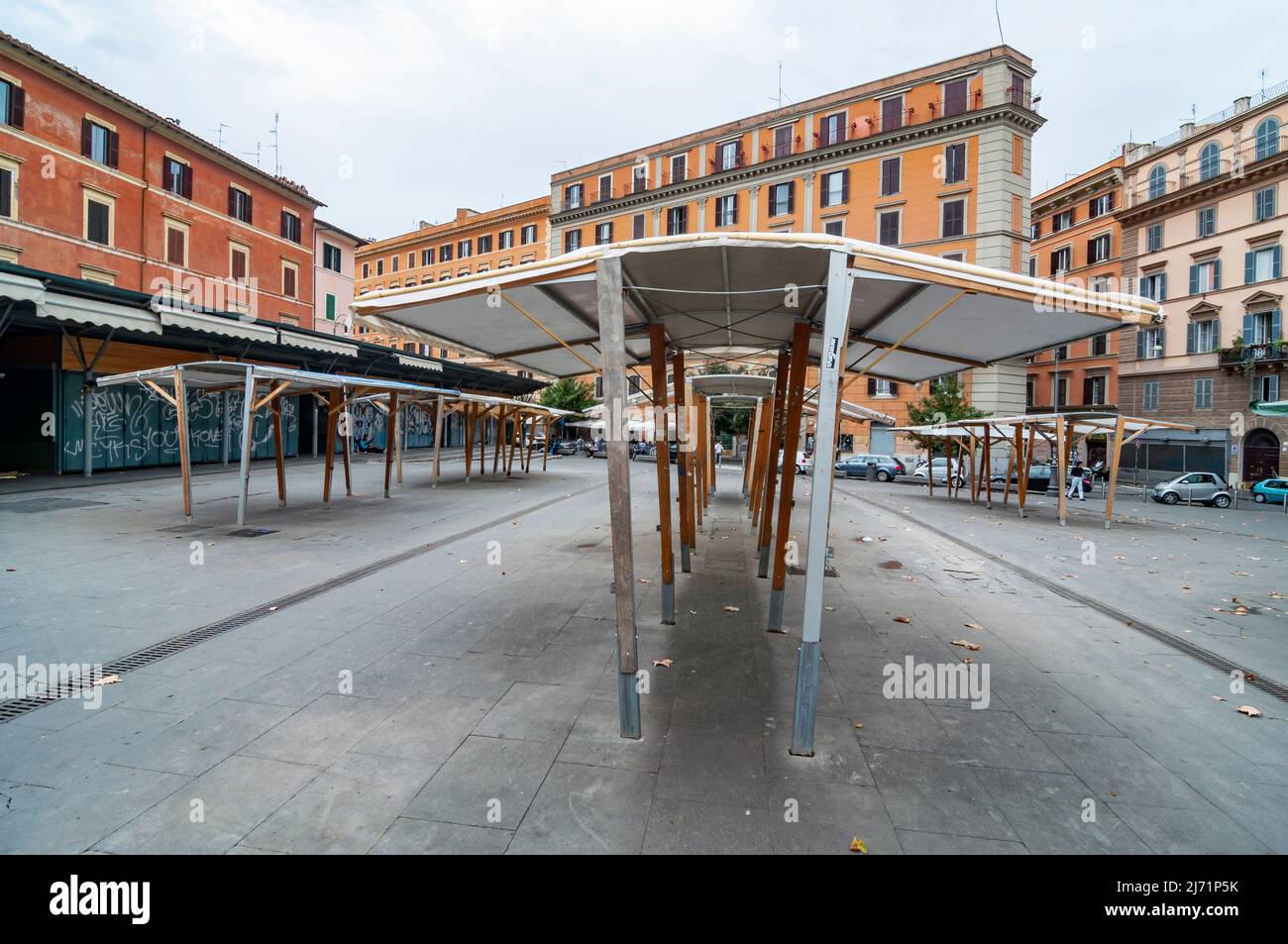 Piazza San Cosimato in the Rione Trastevere when the market is close in Rome, Italy Stock Photo