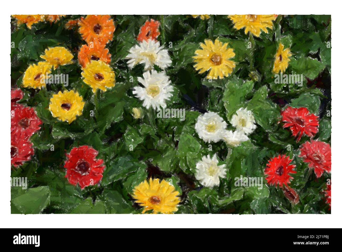 Flowers in bloom springtime nature pastel crayon style illustration