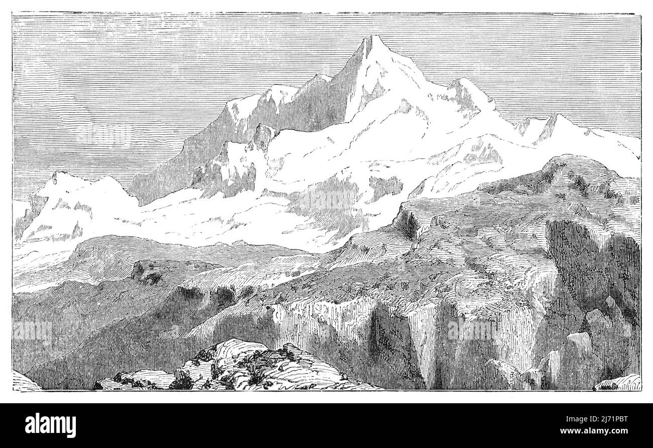 Gauri shankar mountain landscape in the Nepal Himalayas vintage engraving from antique book 'Nature's Wonders' published in London UK, 1867. Stock Photo