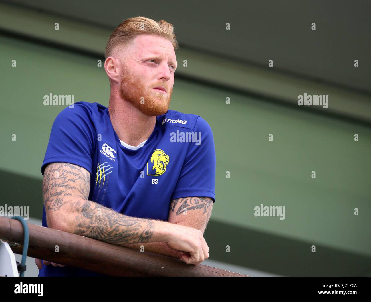 Durham's Ben Stokes watches from the players balcony during the LV
