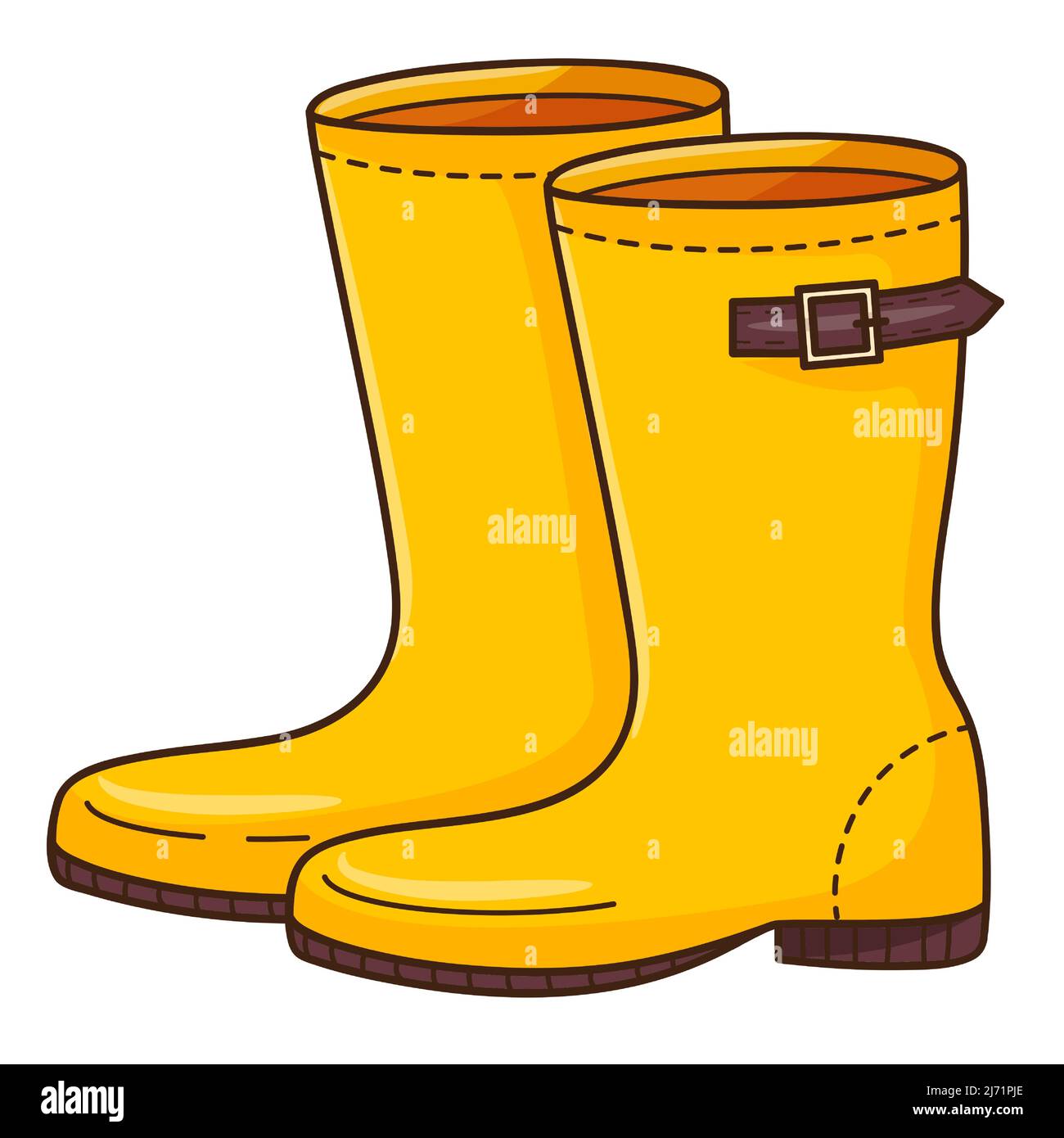 Yellow rubber boots with a strap. Footwear.. Design element with outline. The theme of winter, autumn. Doodle, hand-drawn. Flat design. Color vector i Stock Vector