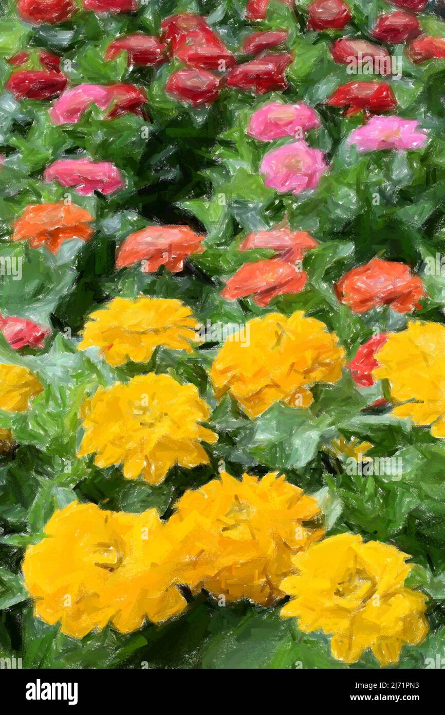 Colorful blooming flowers rough paint strokes impressionism style illustration. Springtime nature background. Stock Photo