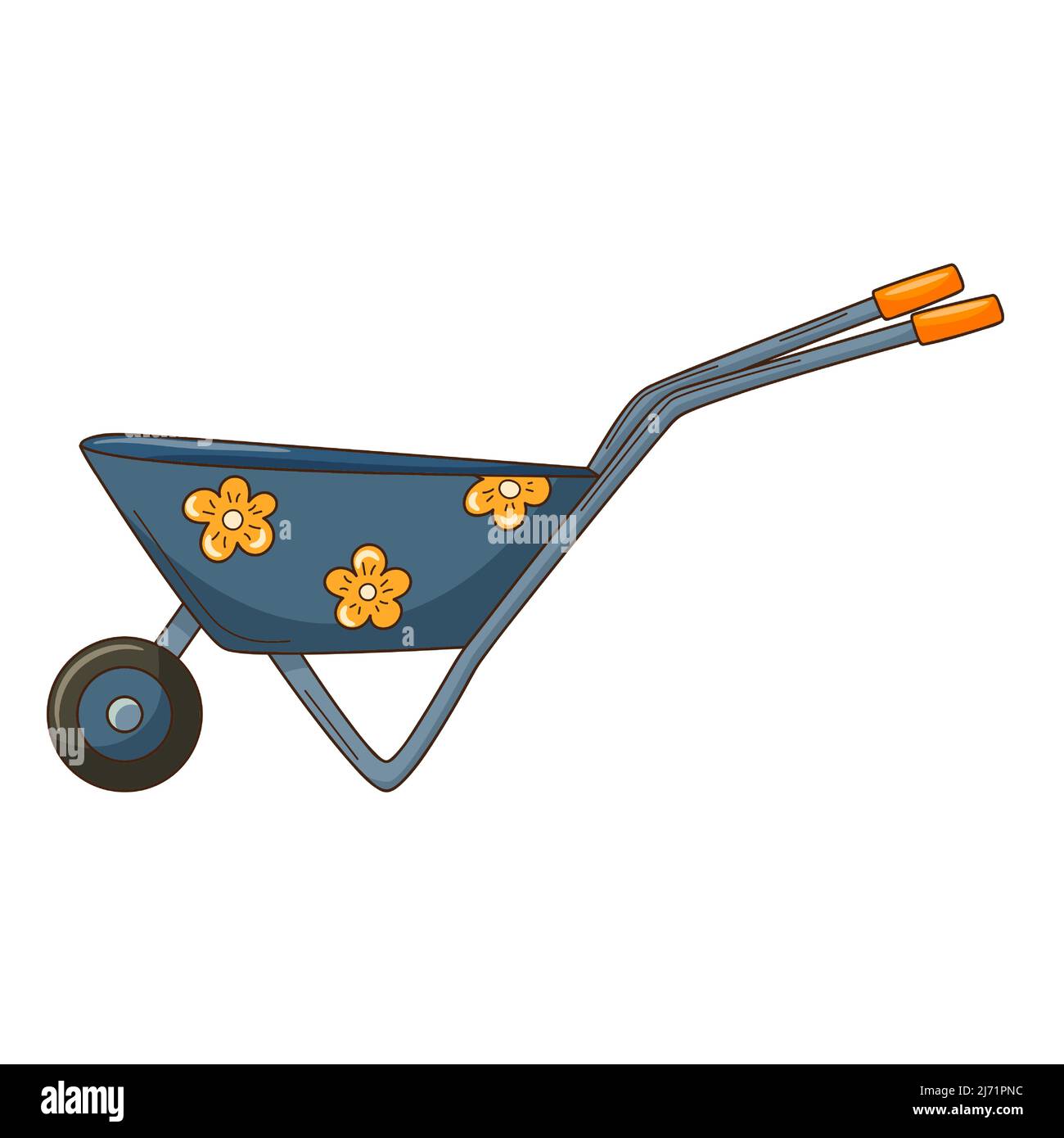 Blue empty garden wheelbarrow with flowers. Garden tools. A decorative element with a contour. Hand-drawn doodles. Flat design. Color vector illustrat Stock Vector