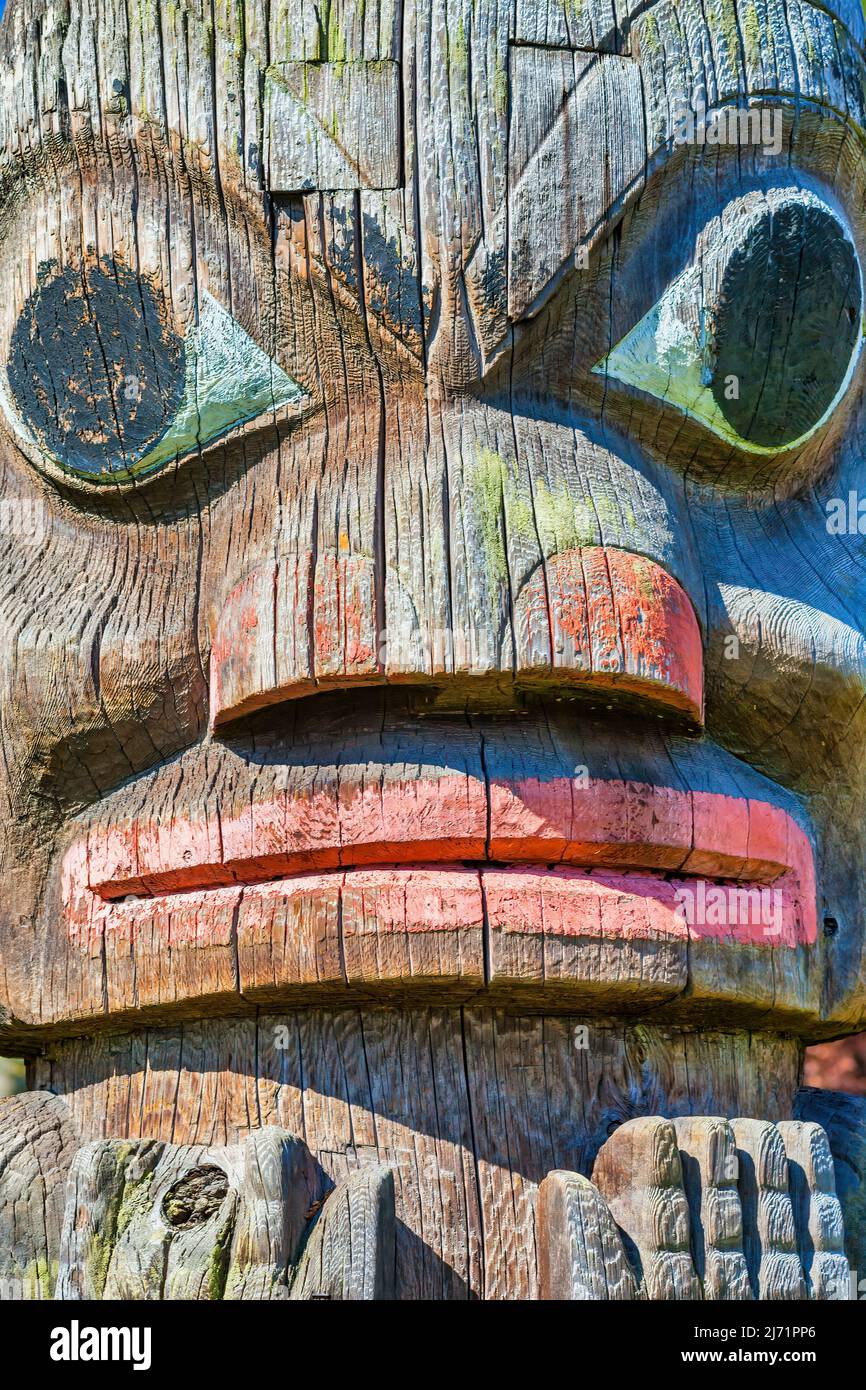 Totem pole detail in Victoria, BC, Canada Stock Photo