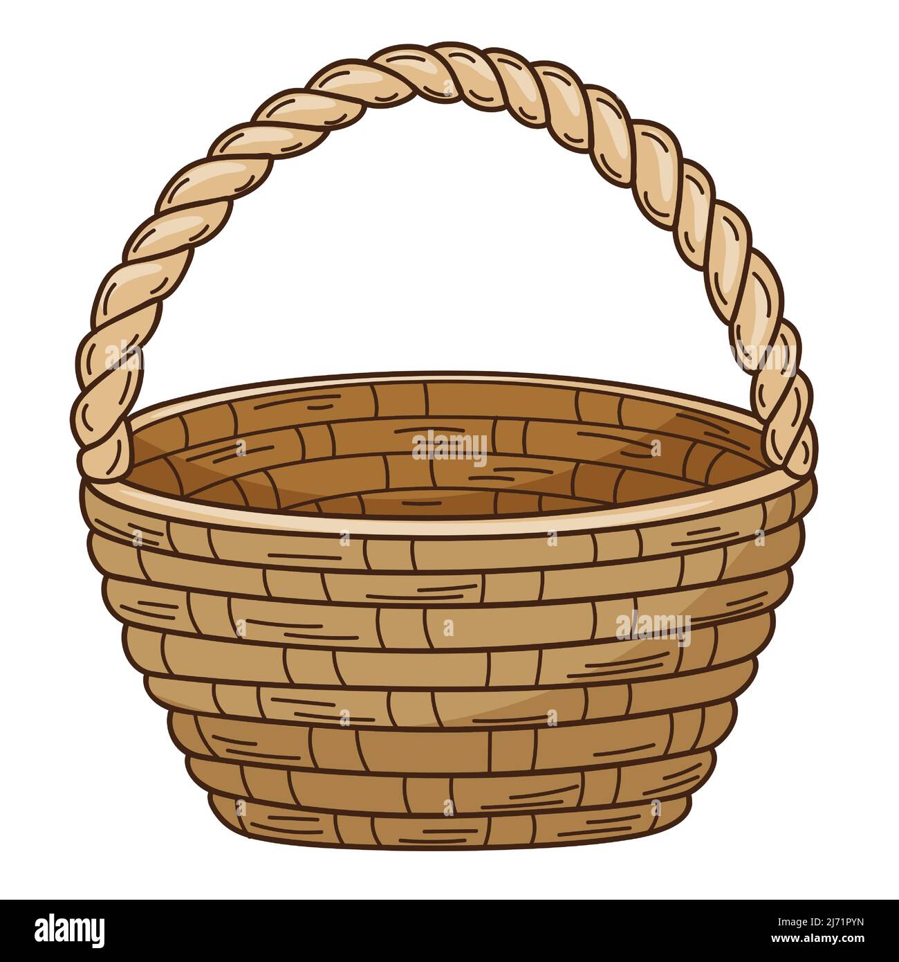 An empty wicker basket. Decorative element with an outline. Doodle, hand-drawn. Flat design. Color vector illustration. Isolated on a white background Stock Vector