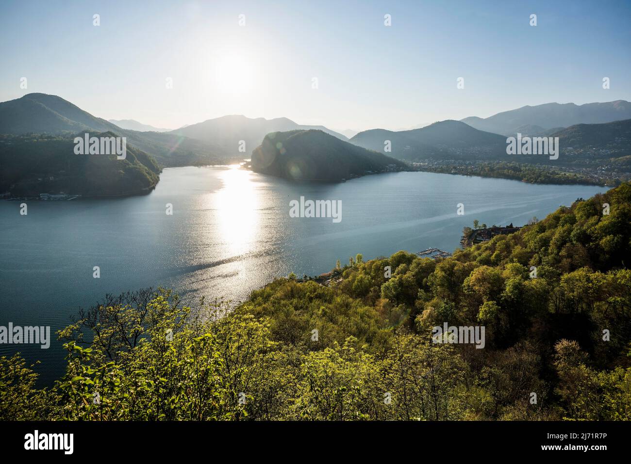 Viewpoint with view of lake and mountains, Sasso Delle Parole, near Lugano, Lake Lugano, Lago di Lugano, Ticino, Switzerland Stock Photo