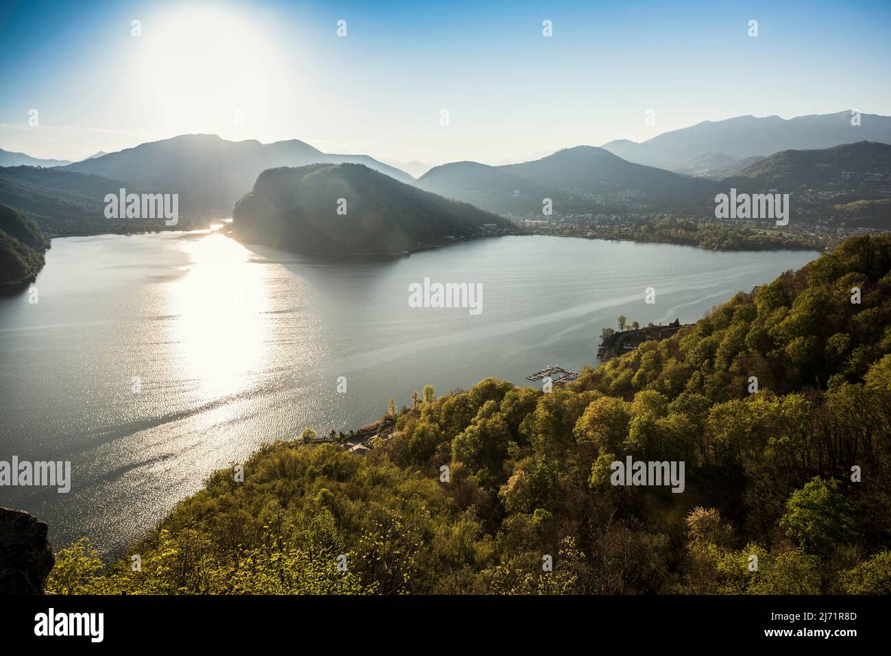 Viewpoint with view of lake and mountains, Sasso Delle Parole, near Lugano, Lake Lugano, Lago di Lugano, Ticino, Switzerland Stock Photo