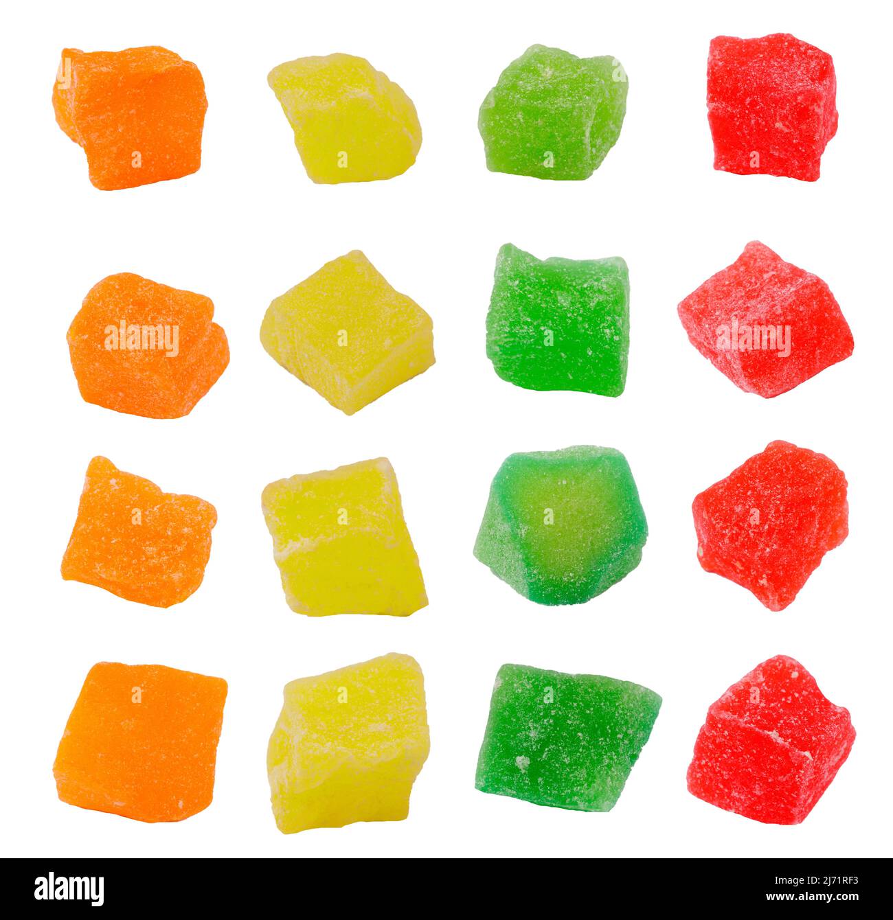 set of colored pieces of candied fruits isolated on white background
