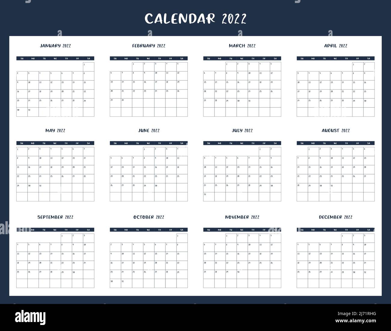 Calendar for 2022. The week starts on Sunday. All months. Calendar