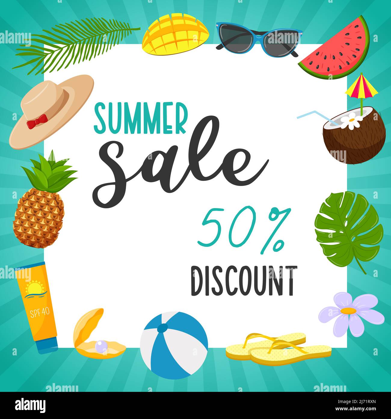 A square postcard with a turquoise striped frame and the words Summer sale. Summer decorative elements, hat, sunscreen, flip-flops, palm leaf, cocktai Stock Vector