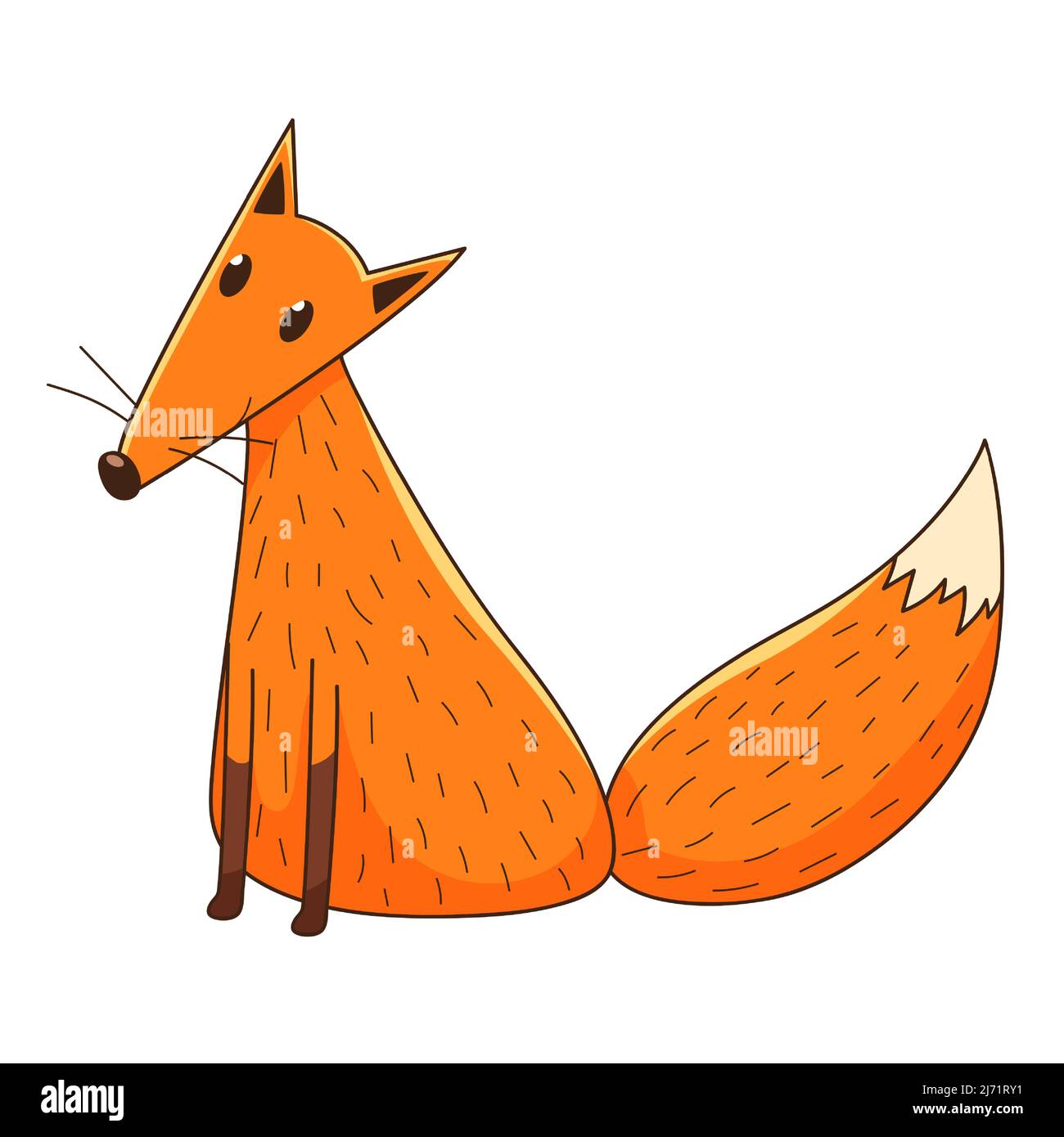 A simple cute fox. A forest mammal. Decorative element with an outline. Doodle, hand-drawn. Flat design. Color vector illustration. Isolated on a whit Stock Vector